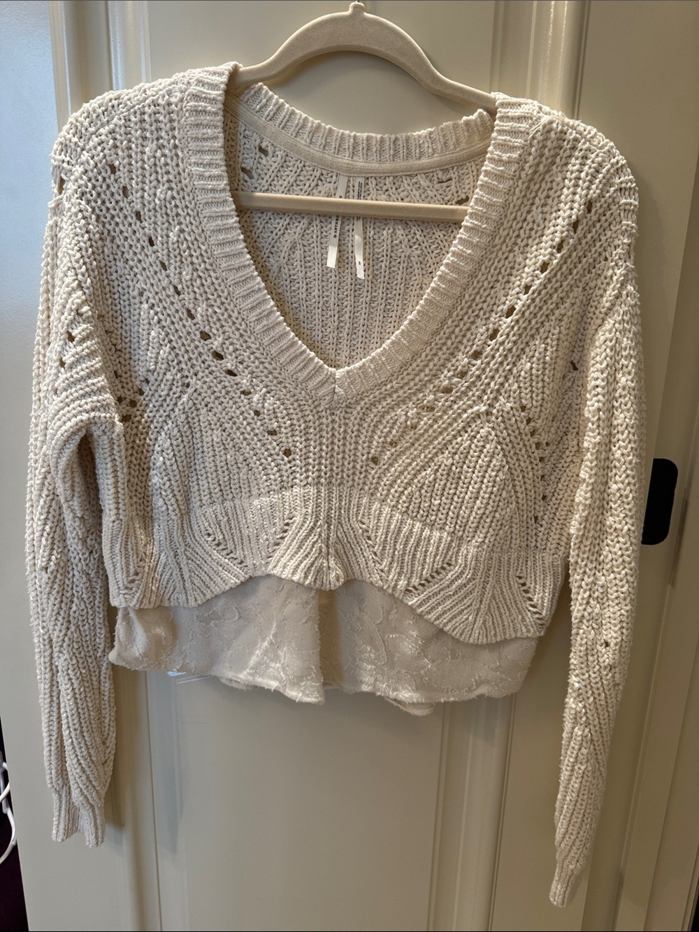 Anthropologie Cream Knit V-Neck Sweater with Lace Trim